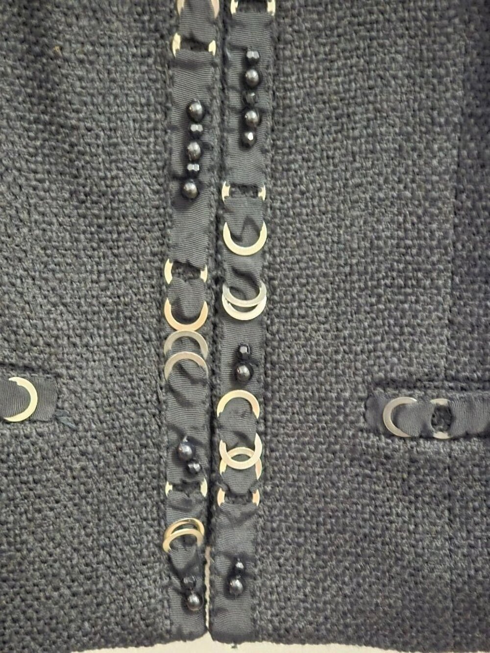 Chicos Size 0 Black Textured Prena Jacket With Beaded & Metal Ring - Picture 5 of 12